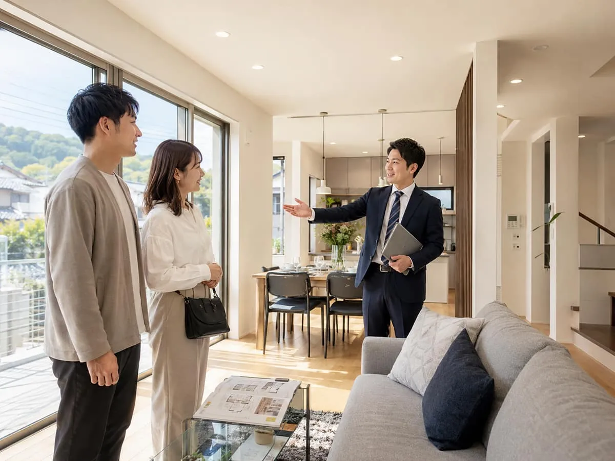 明るい住まいをお客様に案内するスタッフ