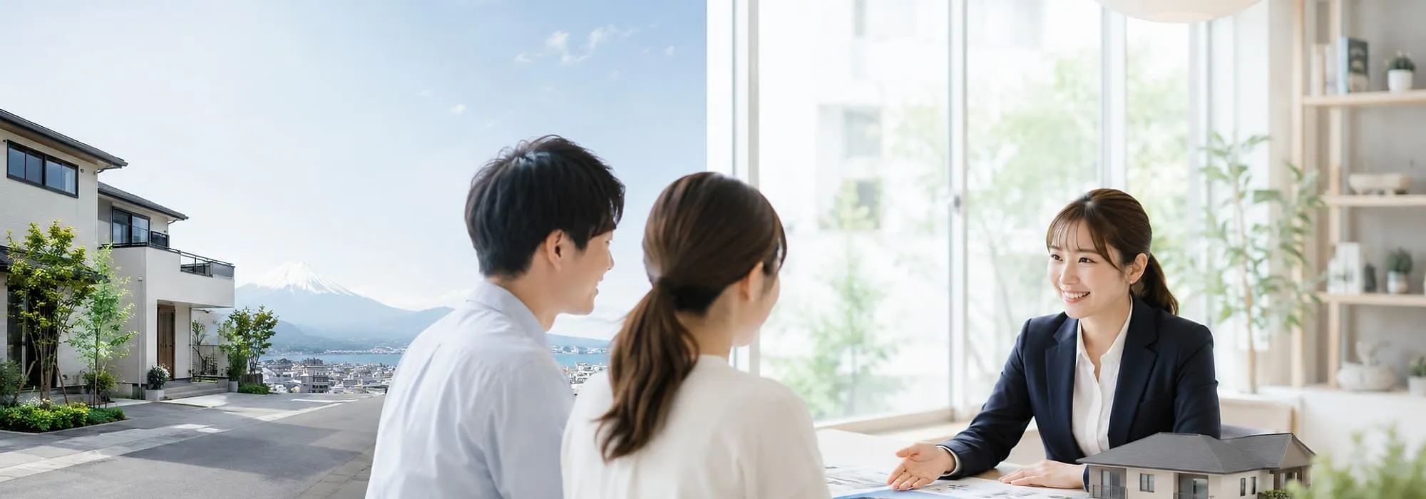 住宅模型を前に相談するお客様とスタッフ
